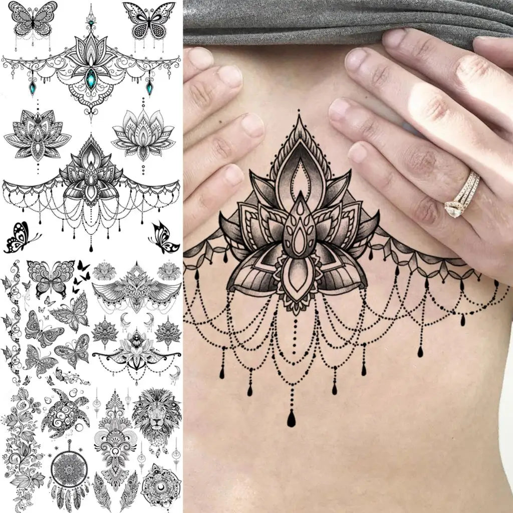 Lotus Henna Mandala Chest Temporary Tattoos For Women Underboob Adult Butterfly Turtle Lion Fake Tattoo Sexy Waterproof Tatoos Ürün ana görseli