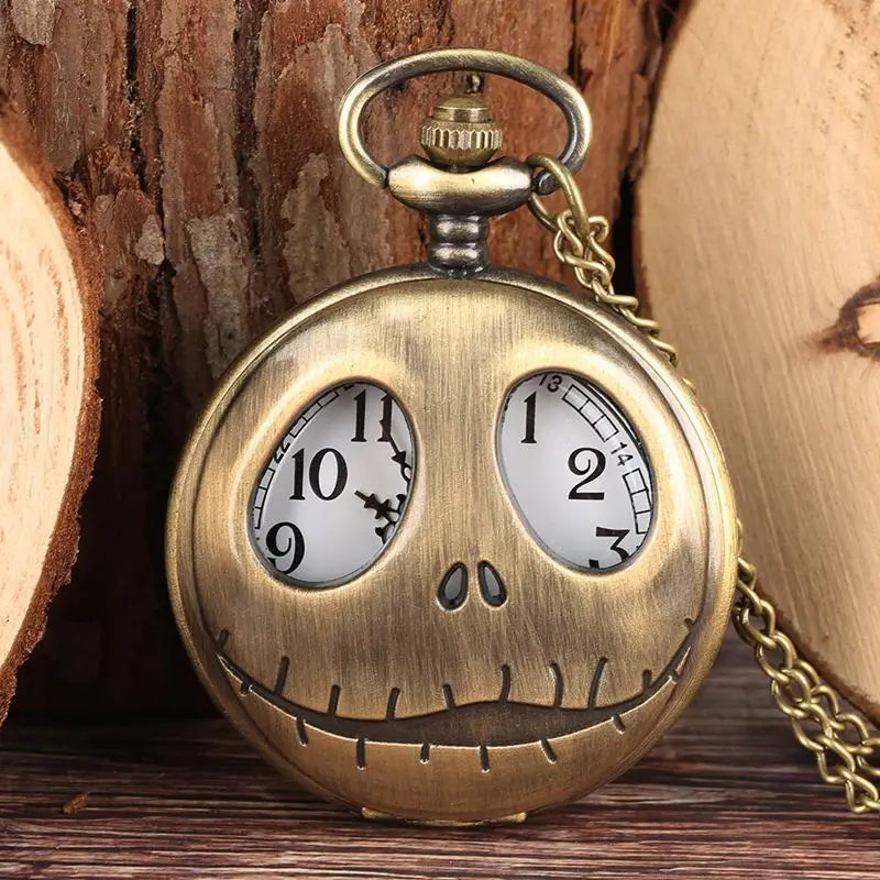 Retro Skull Punk Chain Necklace Quartz Pocket Watch Jack Pendant Retro Bronze Jewelry Fob Necklace Watches for Men Women Kids