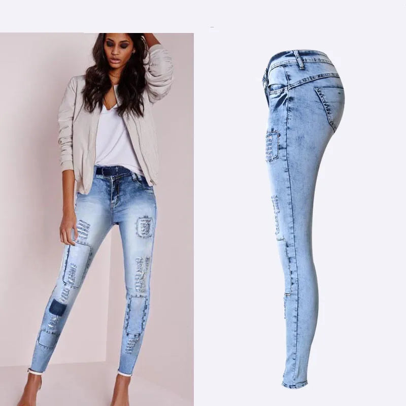 Summer Style Low Waist Sky Blue Patchwork Skinny Tights Women Pencil Jeans High Stretch Sexy Push Up Denim Women Fashion Jeans Secondary image