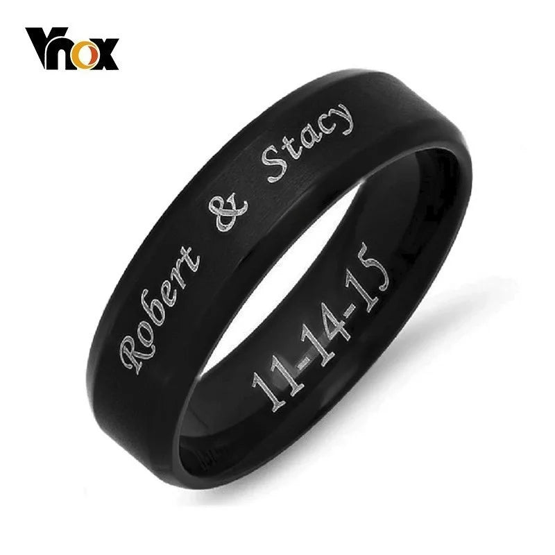 Vnox Personalize Stainless Steel Beveled Edge Brushed Center Ring for Men Women Black Wedding Band Custom Name Letter Date Ring Main image