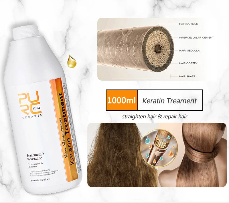 PURC 1000ml Keratin Hair Straightening Smoothing Treatment For Curly Frizzy Hair Care Brazilian Keratin Products Professional