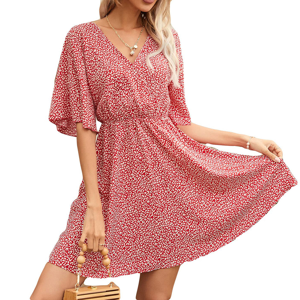 2024 Europe and the United States spring and summer new women's dress print V-neck short-sleeved casual loose dress women