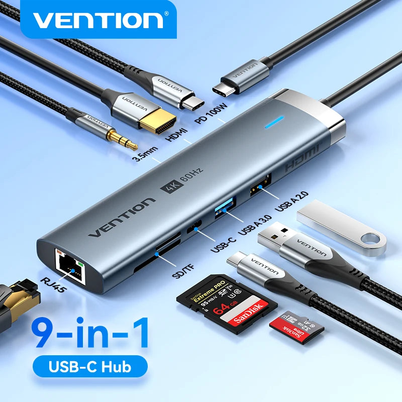 Vention USB C HUB 4K 60Hz Type C to HDMI RJ45 Ethernet PD 100W SD TF for MacBook PC iPad Sumsang PC Tablet Phone USB 3.0 Hub Ürün ana görseli