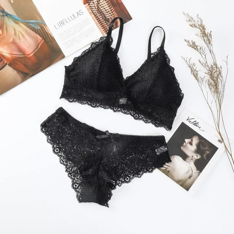 Women Push-Up Bra Set Sexy Lingerie Floral Lace Wire Free Bralette Low Rise Panties Sexy Briefs Female Underwear Intimates