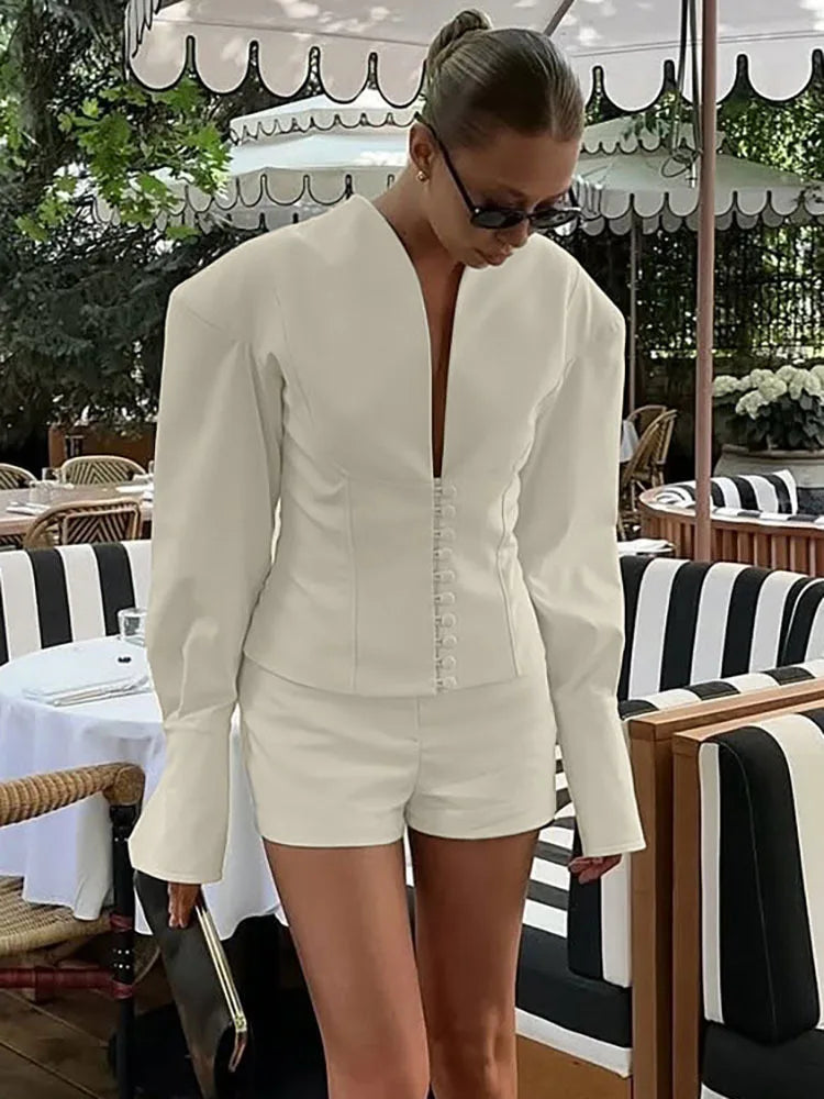 FANTOYE Sexy Deep V-Neck Long Sleeve Shoulder Pads Women 2 Piece Sets Beige Single Breasted Tops Short Pants Winter Lady Outfits Ürün ana görseli