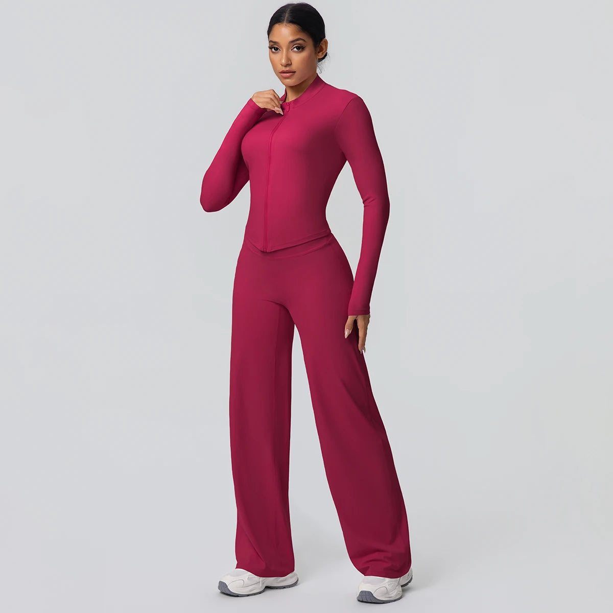 2pieces Quick Drying Sports Fitness Clothing Yoga Set Women Yoga Zipper Long Dleeves High Waisted Breathable Wide Leg Pants Set
