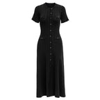 Summer Solid Round Neck Short Sleeved Office Lady Knitted Dress Women Korean Single Breasted Hollow Out Long Dress Fashion Trend