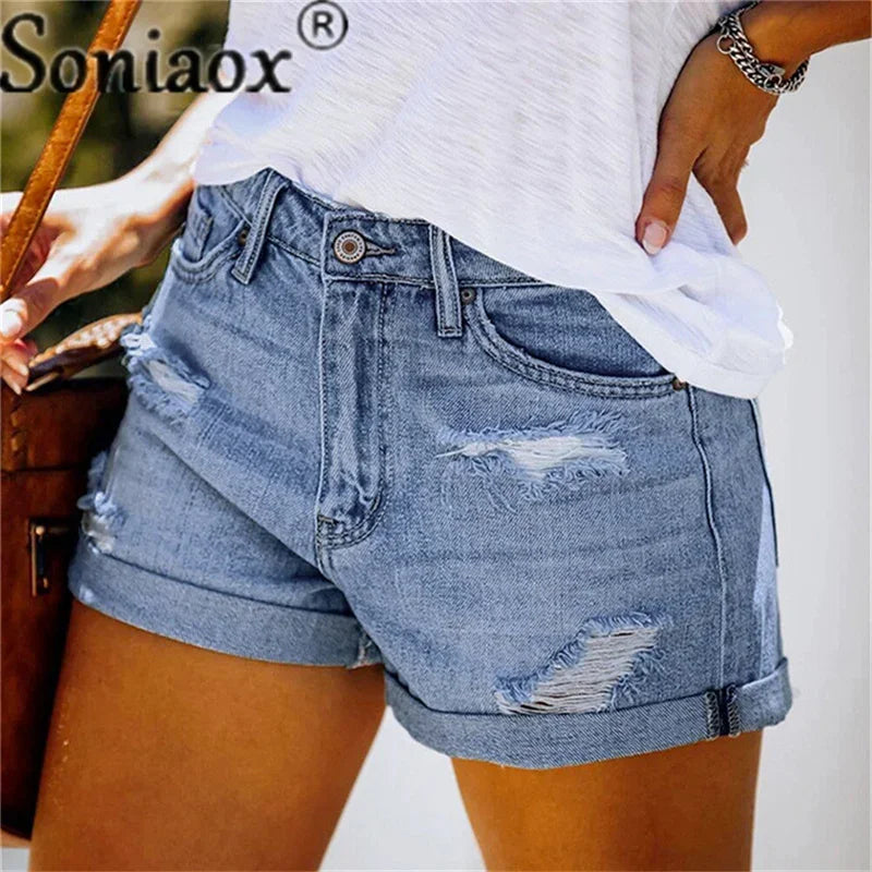 2024 Summer New Women Crimping Button Up Stretch Sexy Hole Jean Shorts High Waist Skinny Streetwear Trendy Ripped Denim Shorts