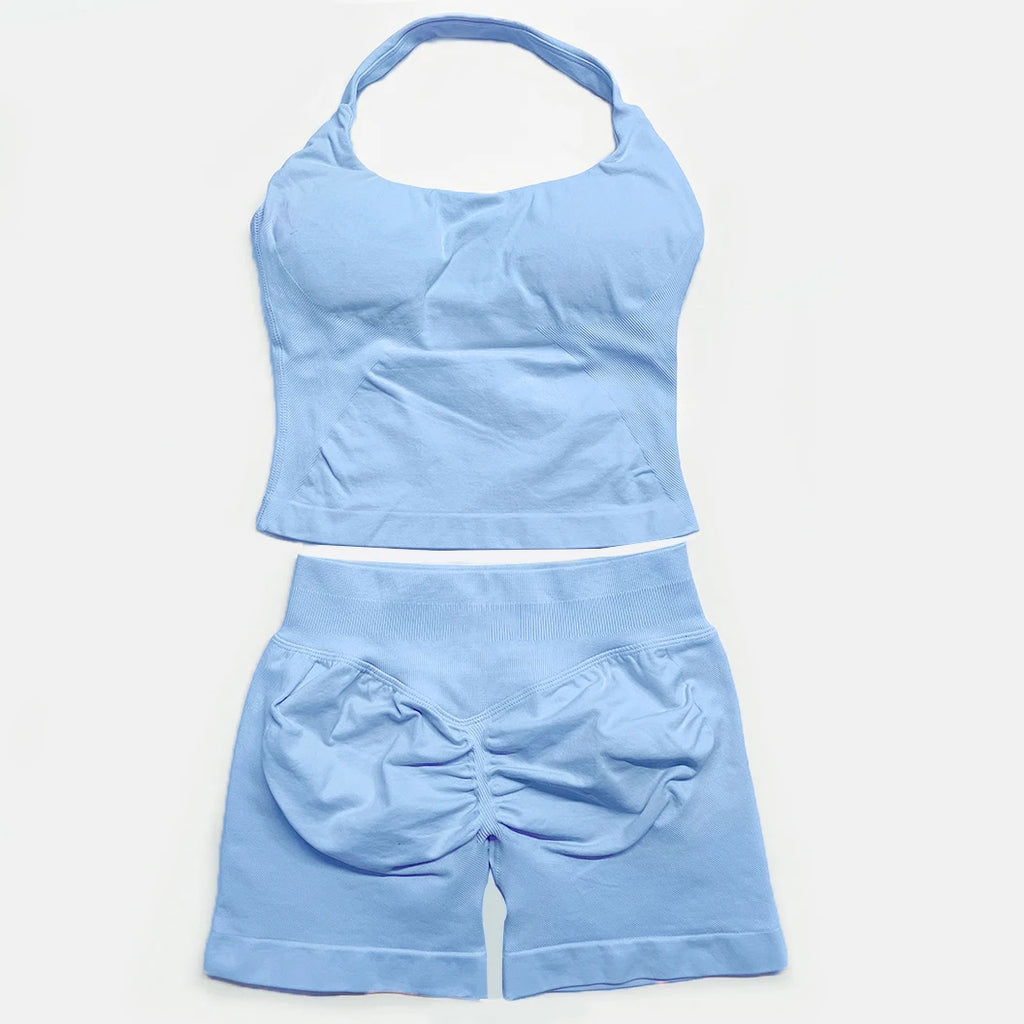yoga outfits Women 2 pcs Sports DFNNYE Impact Set halterneck Backless Halter Top Seamless Scrunch Shorts Gym Workout Sports Suit