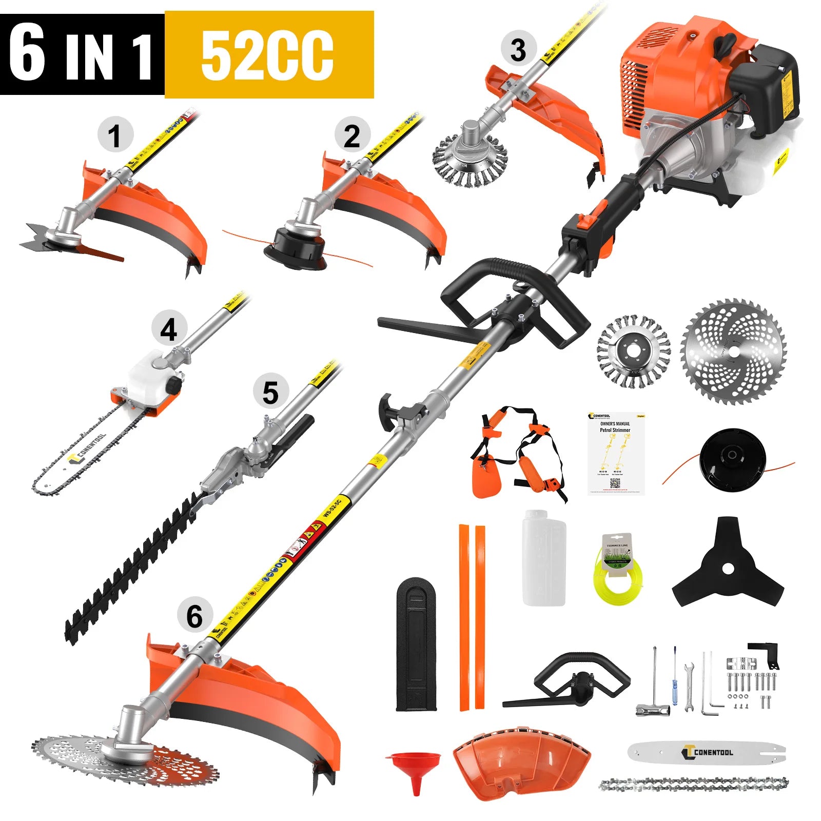 CONENTOOL 6in1 Petrol Brush Cutter 52cc 2 Stroke Gas Strimmer Multi-Functional Garden Grass Line Hedge Trimmer Tree Cutting Tool Ürün ana görseli