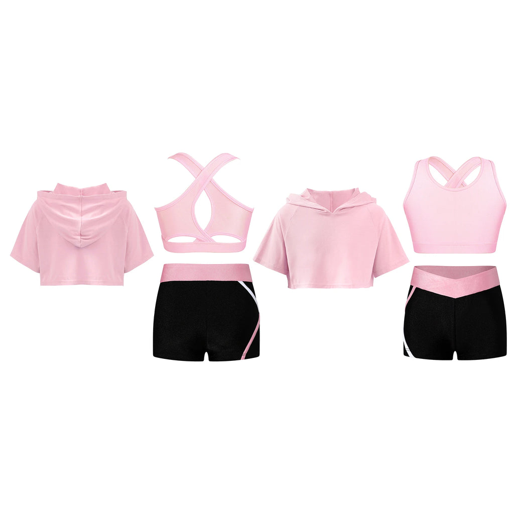 3Pcs Girls Sports Set Vest+Hooded Crop Top+Shorts Sportswear Set for Child Dance Yoga Running Cycling Workout Costume Activewear
