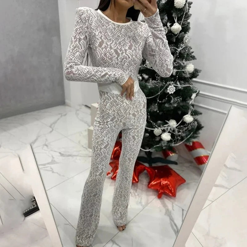 Women's Elegant Office Straight Pants Playsuit Sexy O Neck Lace Slim Club Jumpsuit Autumn Casual Long Sleeved High Waist Romper