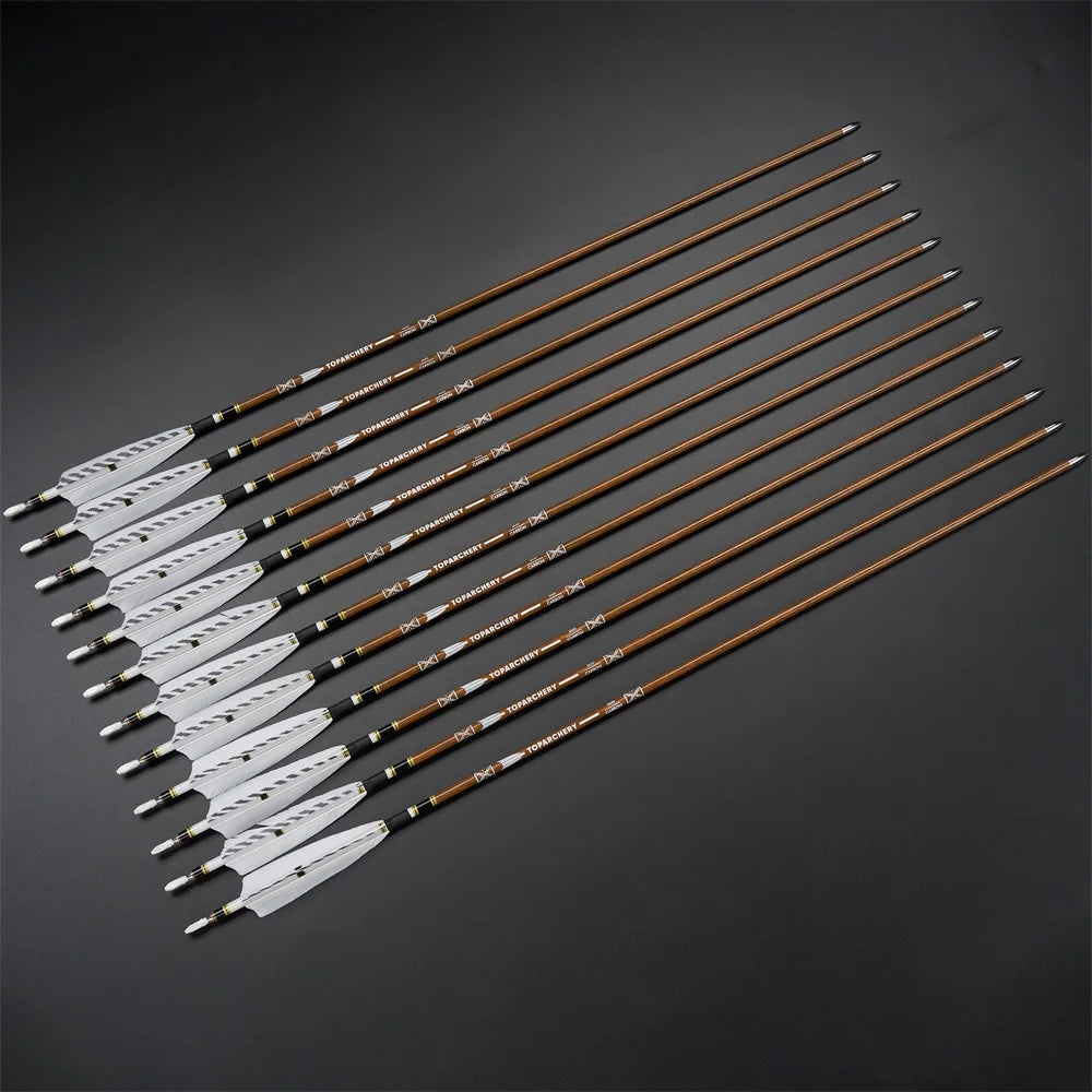 6/12/24pcs 32Inch Archery 100%Pure Carbon Arrows ID 6.2mm Wooden Shaft with 5'' Natural Feathers for Hunting Shooting Secondary image
