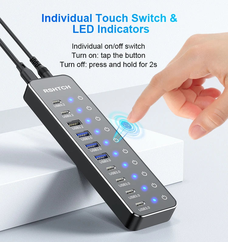 RSHTECH 10 in 1 USB C Hub 10Gbps USB-C with Individual Touch Switches Multiport Splitter Docking Station for MacBook Laptops PC