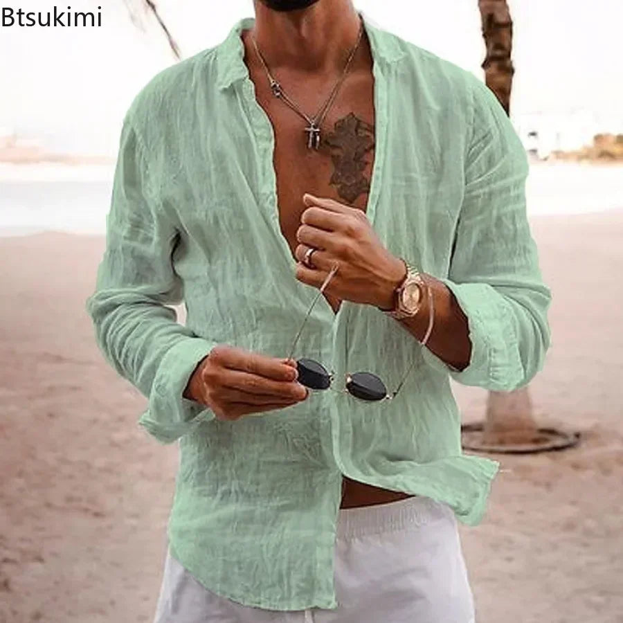2026 Men's Cotton Linen Shirts Top Simple Laple Solid  Man Shirts Tops Comfortable Loose Casual Holiday Shirts for Men Blouses Ürün ana görseli
