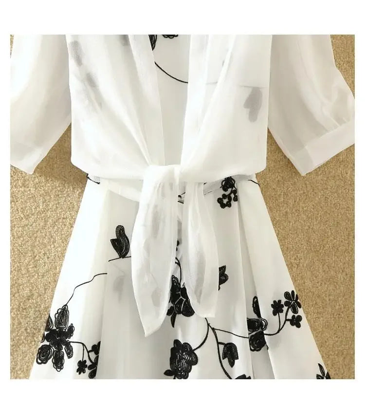 Elegant New Suit High Waist Sleeveless Slim A-line Skirt Floral Two-piece Dress Embroidery White Top Bow Belt Vintage Women