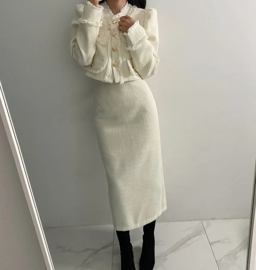 Beige Tweed Jacket + High Waisted Skirts Women Winter  Golden Button 2 Piece Sets Wool Luxury Vintage Skirts Sets Autumn