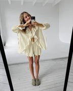 Casual Shorts Two-piece Set For Women Ruffled Loose Tie Top Simple Shorts Set OL Office Lady Summer Female Shorts Suit