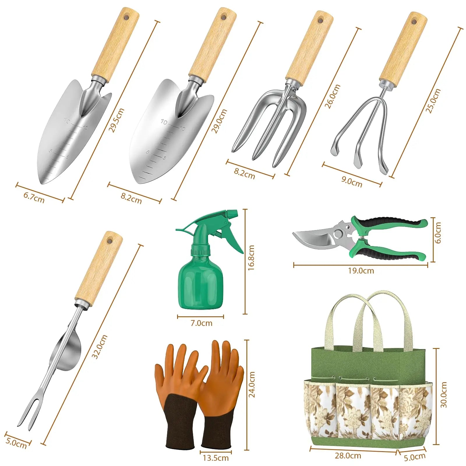 9 Piece Garden Weeding Tools Stainless Steel Gardening Tool Set with Wooden Handle, Weeder Ürün ikincil görseli