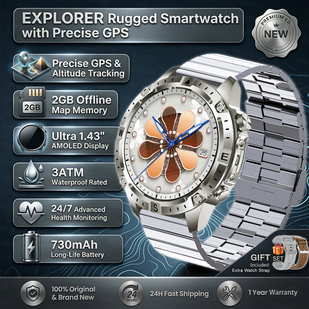 GPS Sports Smartwatch Men Women Swim Waterproof Fitness Tracker 2GB Memory Offline Maps  SpO2 Rugged Outdoor Smartwatch for Men