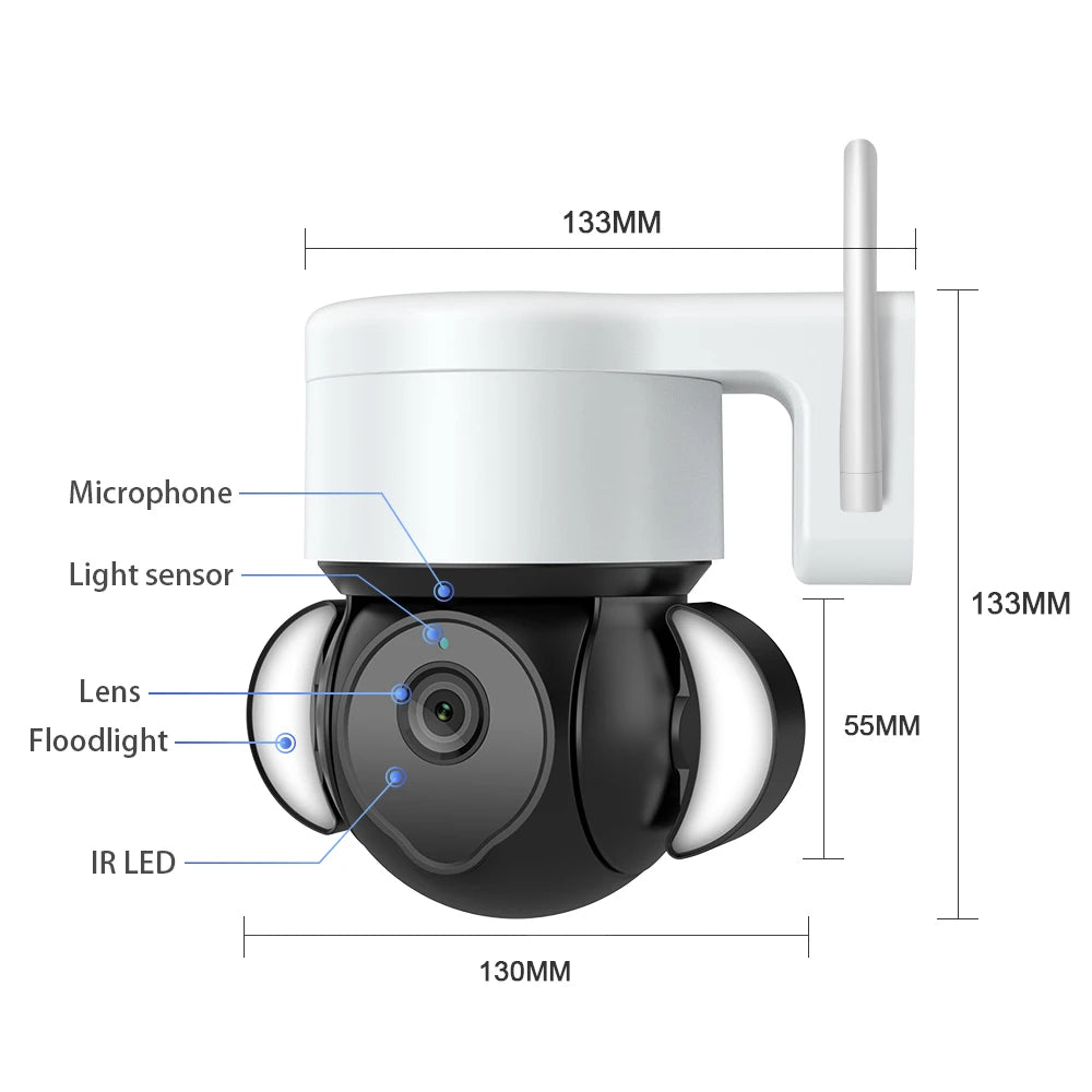5MP Security Camera Outdoor Wireless 2.4G WIFI PTZ Auto Tracking Cameras Floodlight Color Night Vision IP66 Waterproof Two Way Audio Surveillance Cam