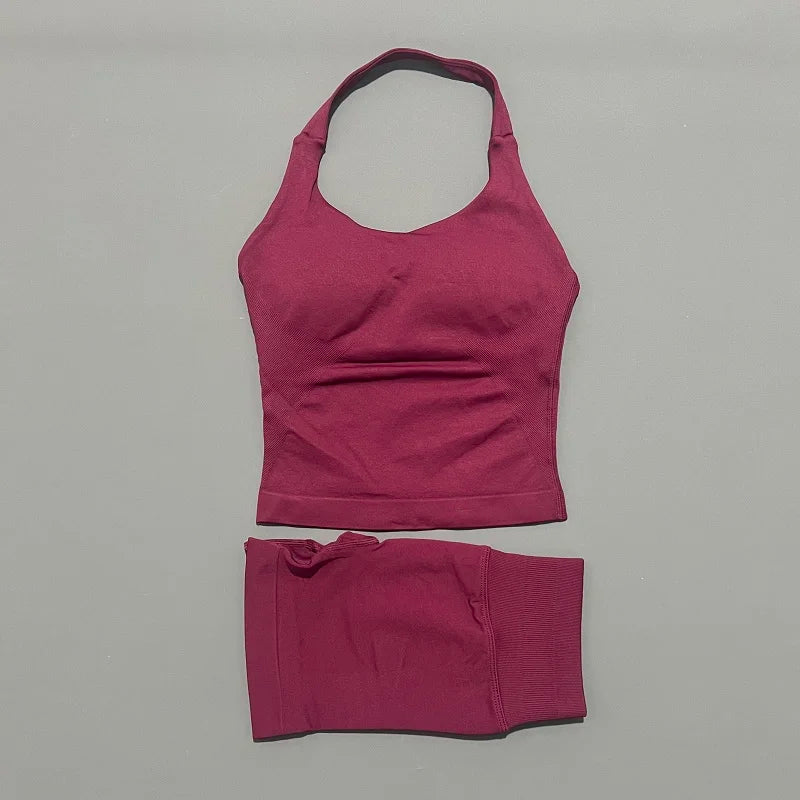 2pcs Sports Set Women Backless Tank Tops High Waist Scrunch Seamless Shorts Fitness Clothes Activewear Workout Sets Gym Suit