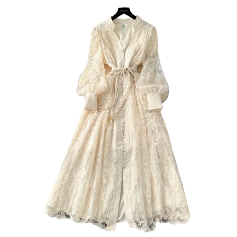 Spring Autumn French High-end Women's Dress New Lace Embroidery V-neck Lantern Sleeves Single Breasted Party Birthday Dress C192