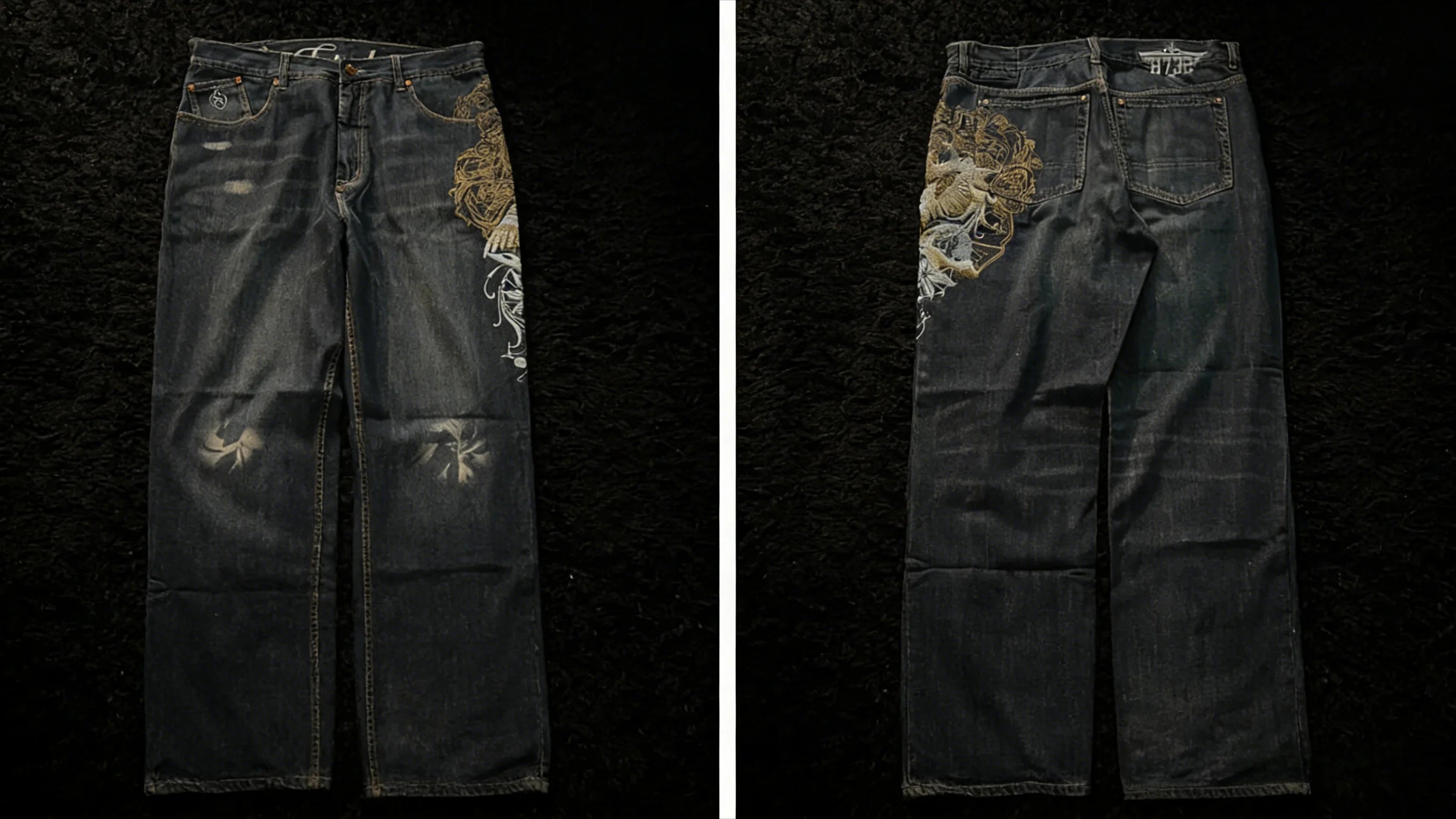 Y2K Black Washed Embroidered High-waisted Oversized Jeans Men European and American Retro Classic Loose Wide-leg Straight Pants