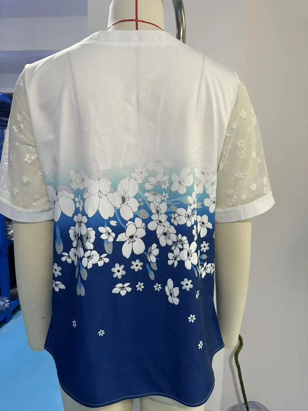 Summer Shirts Women Lace Patchwork Short Sleeve Blouse Flower Print Clothing Fashion Street Casual Daily V-Neck Button Tops 2025