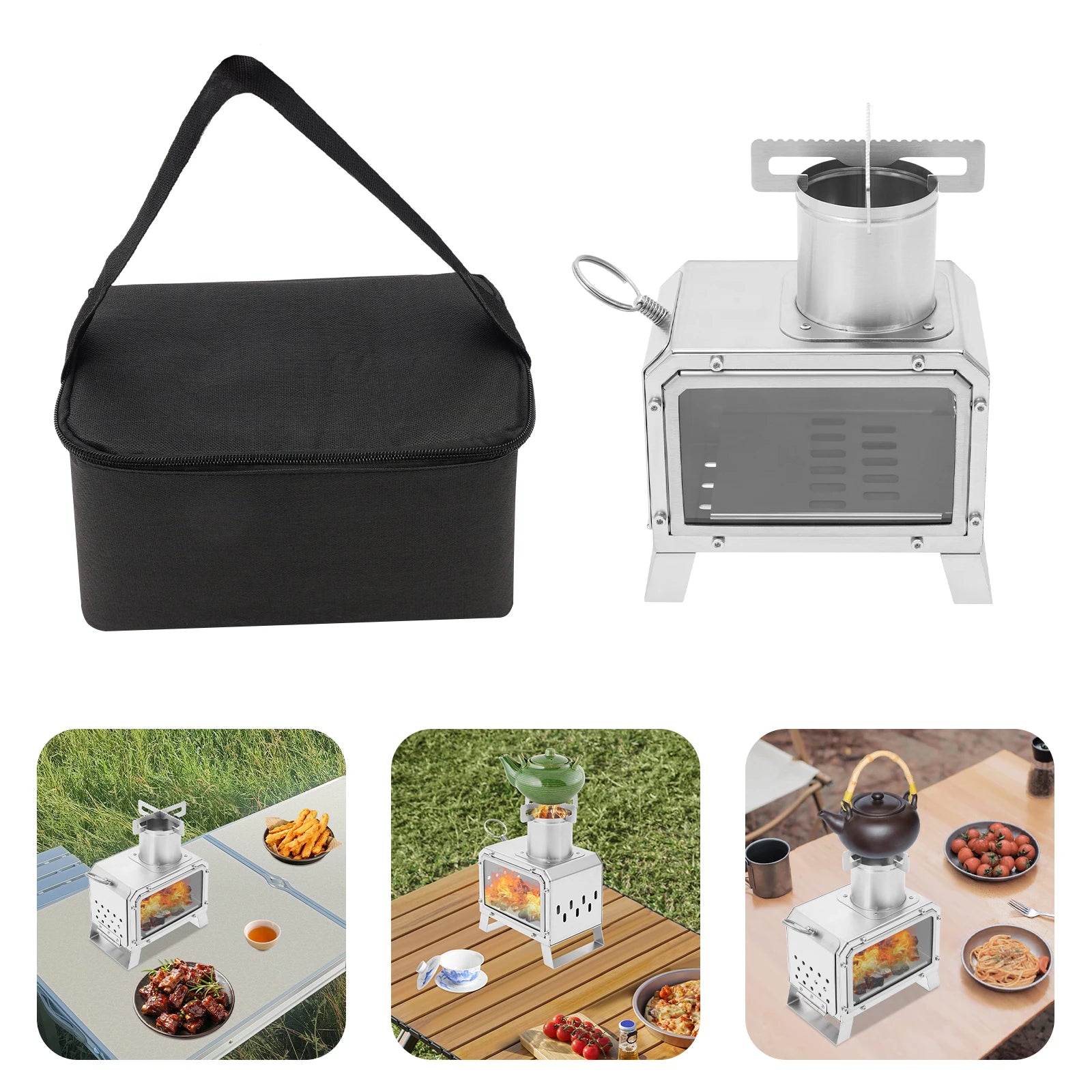 Portable Camping Wood Stove, Mini Stainless Steel Fire Pit for Outdoor Cooking, Hiking, BBQ, with Glass Window & Airflow Vents Ürün ana görseli