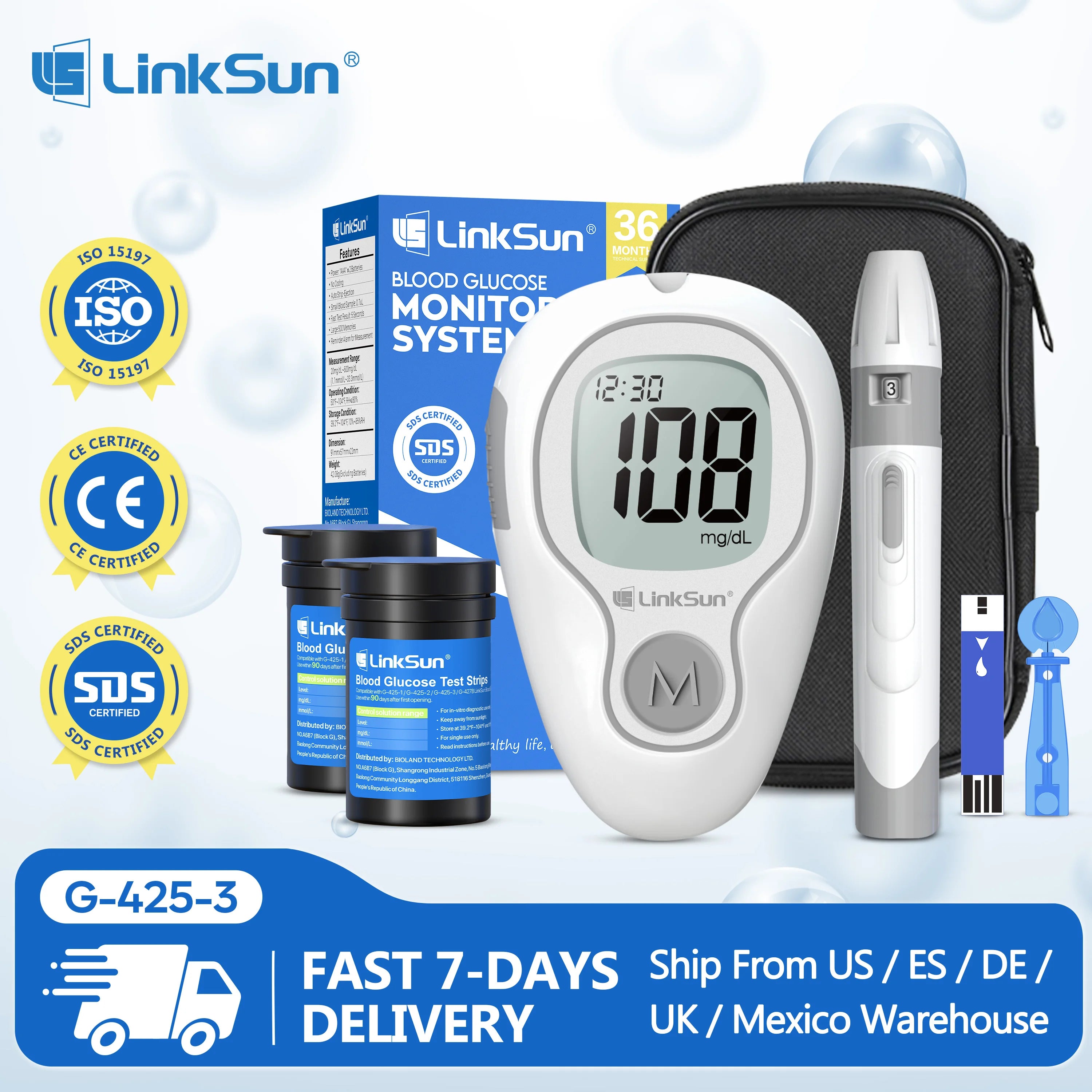 LinkSun Blood Glucose Meter G-425-3 Glucometer No Code for Diabetes Test 10/50/100pcs Strips Lancets Medical Blood Sugar mg/mmol Ürün ana görseli
