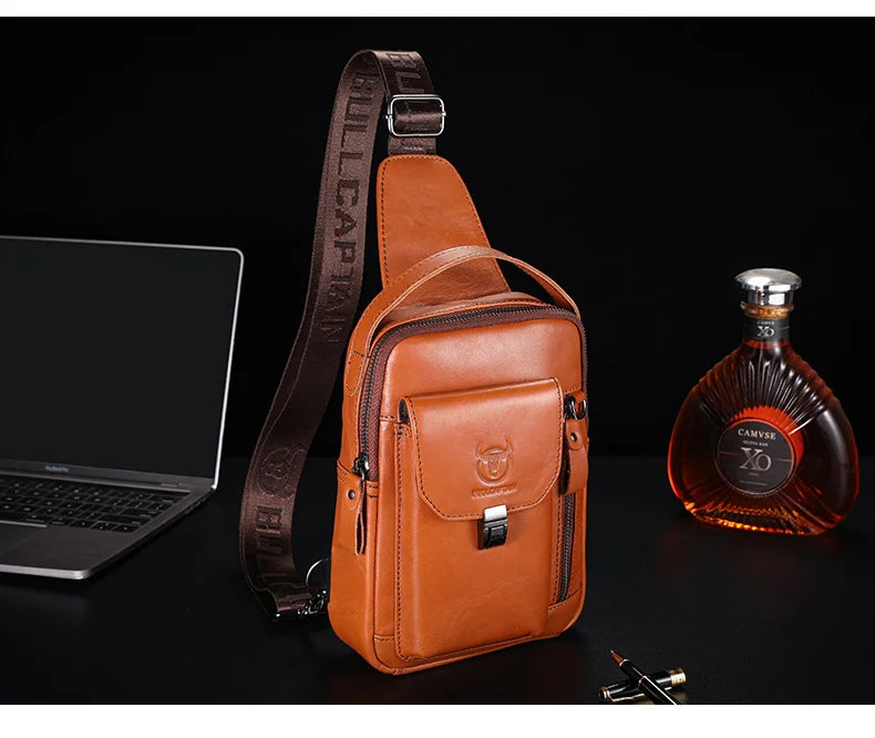 BULLCAPTAIN Men's Genuine Leather Chest Bag Casual Retro 7.9-inch Mobile Phone Bag Multifunctional Anti-Theft Crossbody Bag