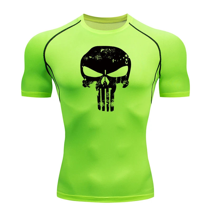 Skull Print Compression Shirts for Men Gym Workout Running Tshirts Sporty Athletic Quick Dry Tees Tops Short Sleeve Rash Guard