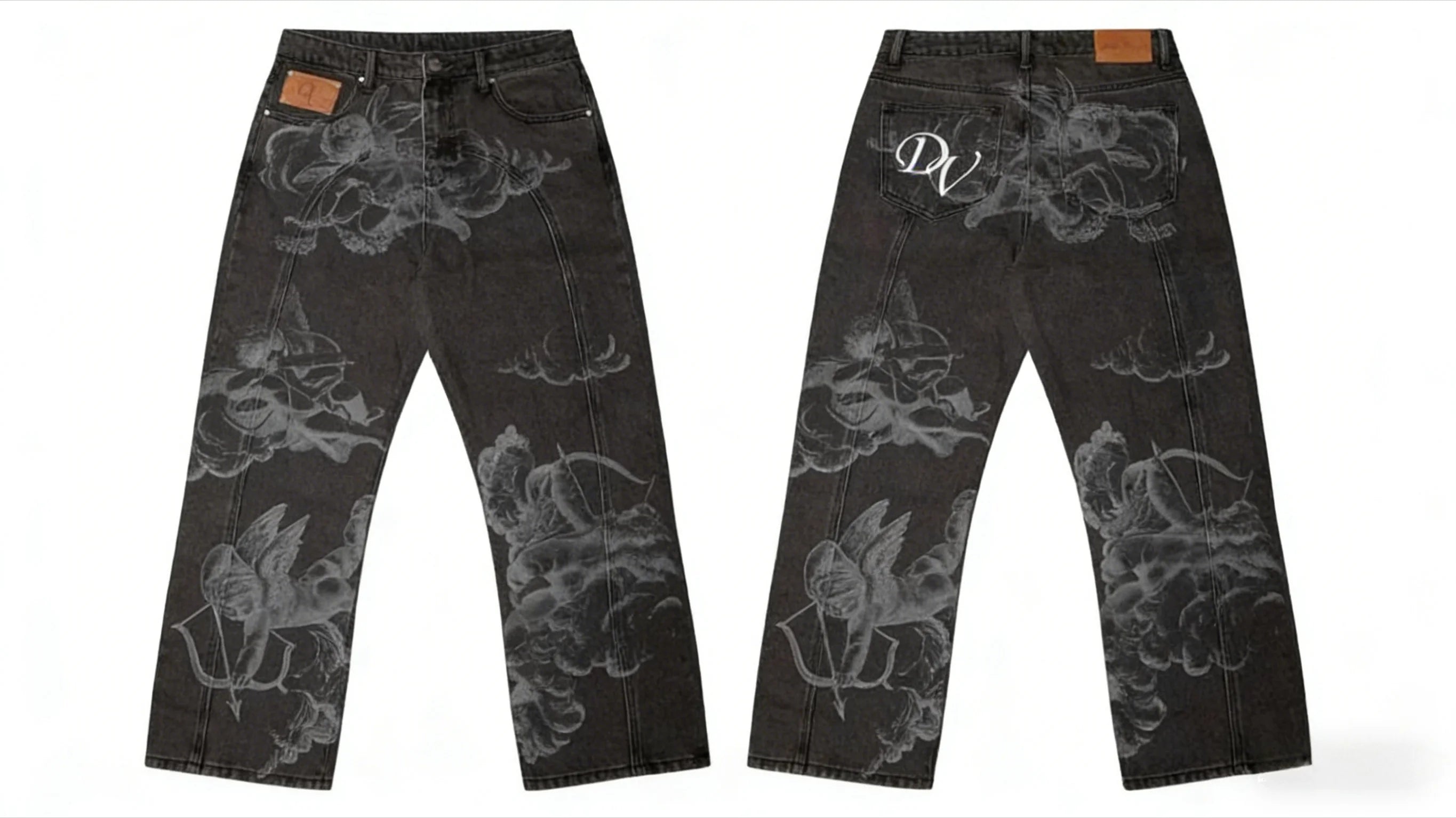 Y2K Black Washed Embroidered High-waisted Oversized Jeans Men European and American Retro Classic Loose Wide-leg Straight Pants
