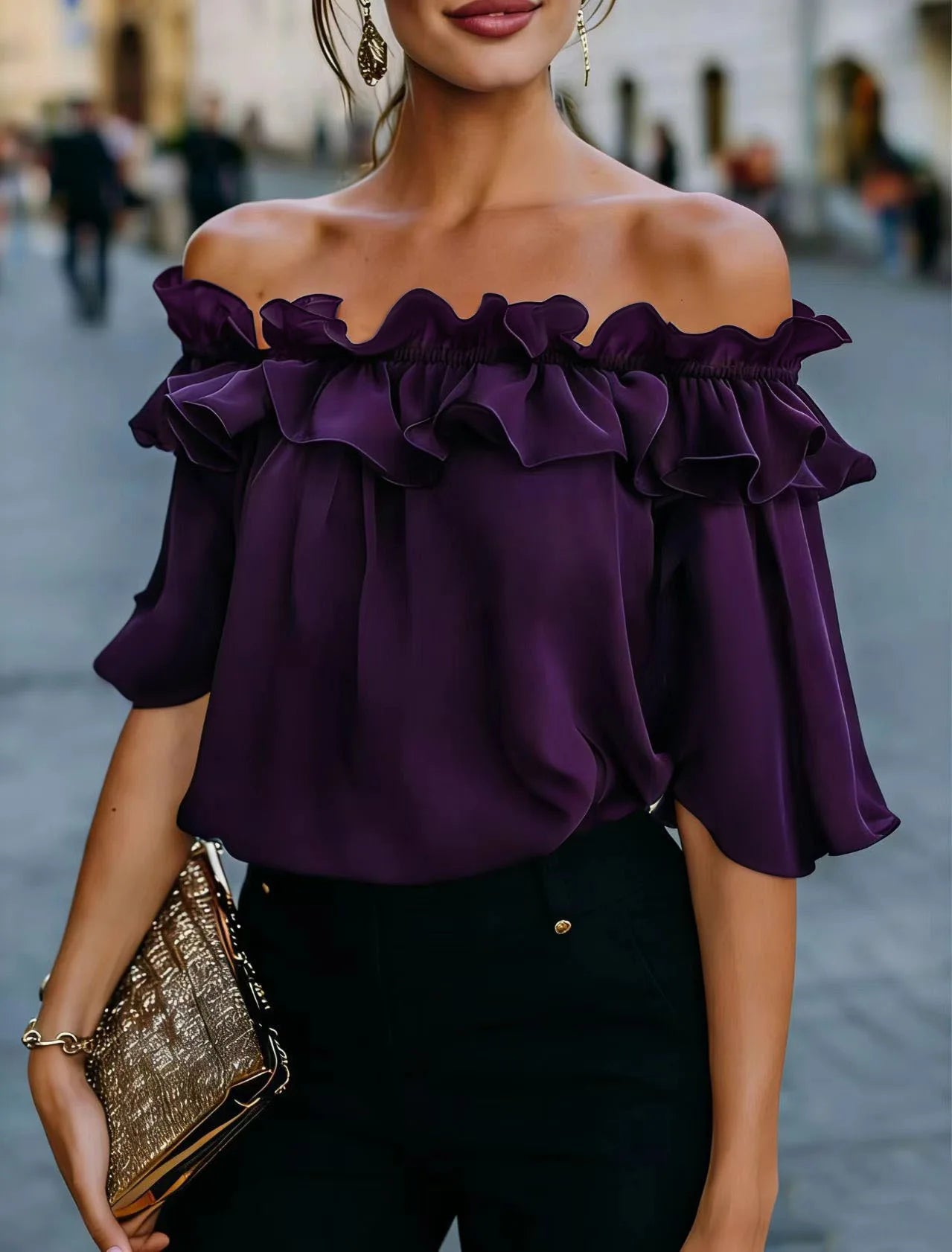 Fashion Ruffled Sexy One Shoulder Women's Short Sleeve Shirt Summer New Casual Loose Tops Female Elegant Versatile Office Shirt