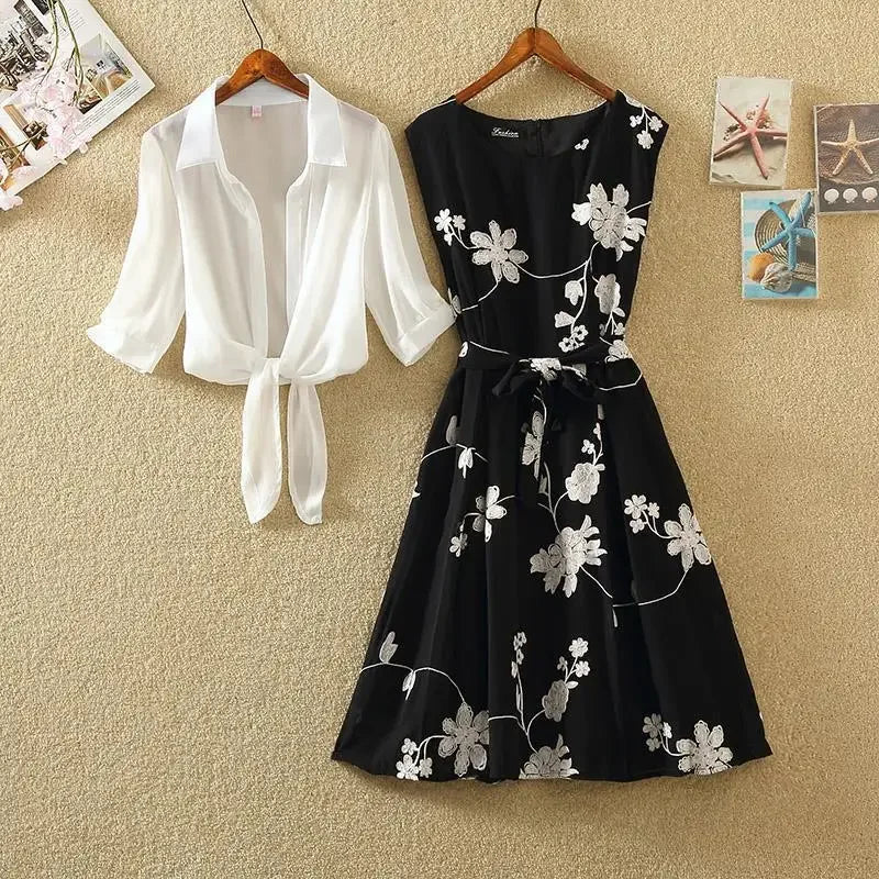 Elegant New Suit High Waist Sleeveless Slim A-line Skirt Floral Two-piece Dress Embroidery White Top Bow Belt Vintage Women