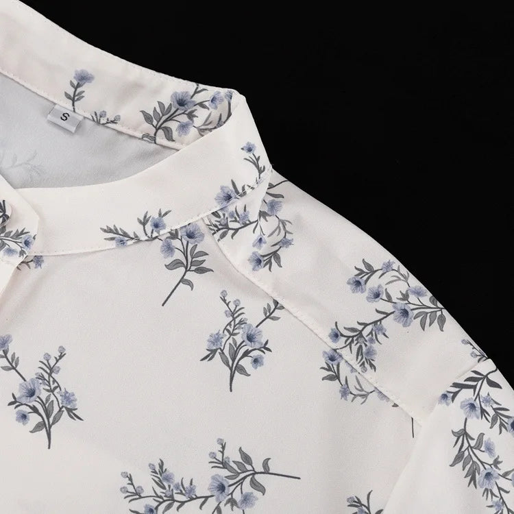 Casual Beige Print Women's Two Pieces Set Fashion Stand Collar Wrist Sleeve Ruffled Shirts And High Waisted Shorts Suit Woman