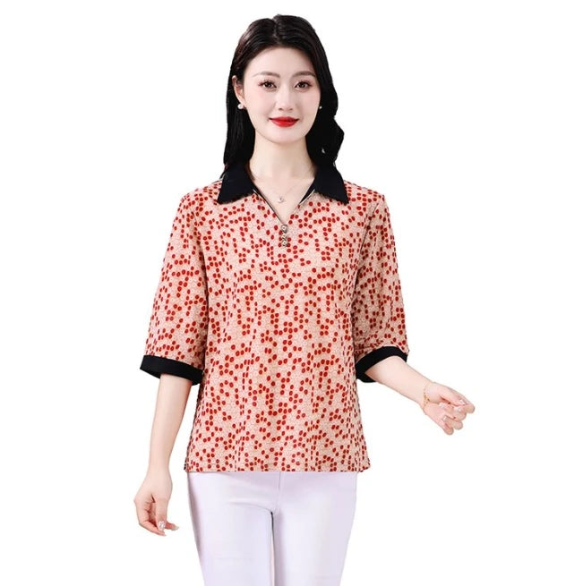 Summer half sleeve Shirt Fashion Commute All-match Ice Silk Printed Button Loose Women's Blouses Top