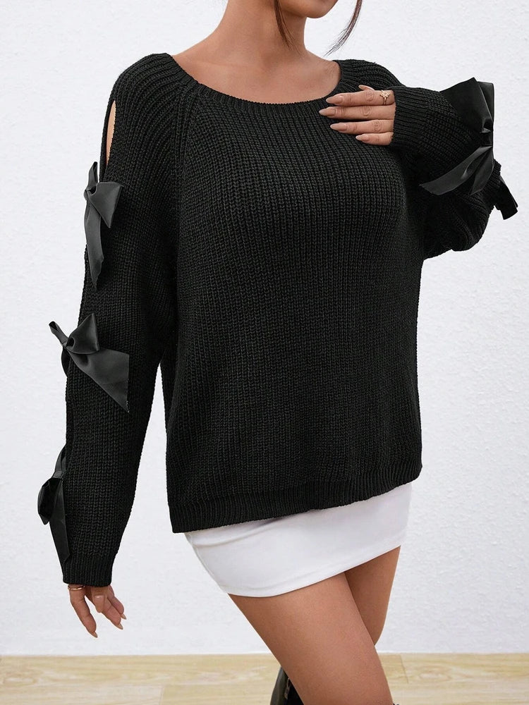 Fashionable bow details hollowed out raglan sleeves knit sweater round neck minimalist sweater