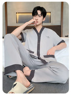 Men's Japanese Kimono Casual Fashion Solid Color Cardigan Loose Summer Short-Sleeved Pajamas with long pants Home Comfort Wear