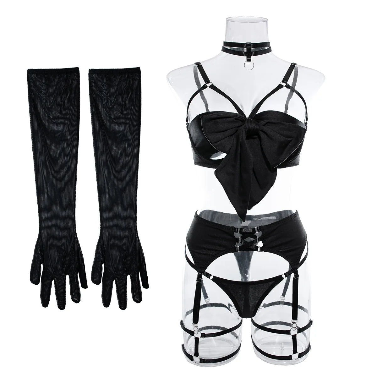 Sexy Hollow Out Bow Decor Lingerie Set Women Solid Exotic Apparel Suit Female Pure Desire Style Underwear with Garter and Gloves Main image