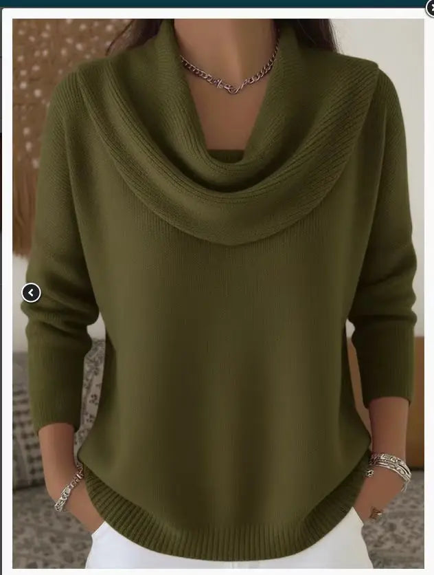 Women's New Draped Neck Pullover Sweater, Simple & Elegant Round Neck Knit Top, Suitable for Spring, Autumn and Winter