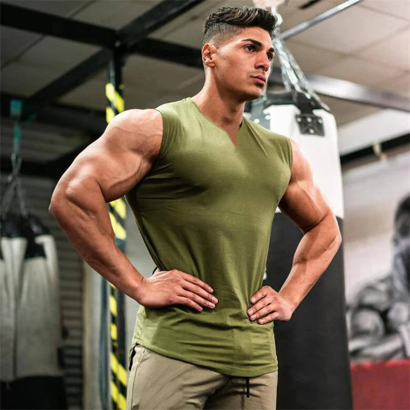 Summer Cotton Breathable V-neck Tank Tops Gym Workout Running Sport Sleeveless Shirt Mens Fitness Bodybuilding Muscle Clothing