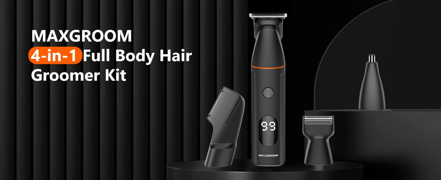 MAXGROOM Manscape Body Hair Trimmer 4 in 1 IPX6 Waterproof Pubic & Groin Shave Electric Grooming Kit for Men Nose Beard Trimmer