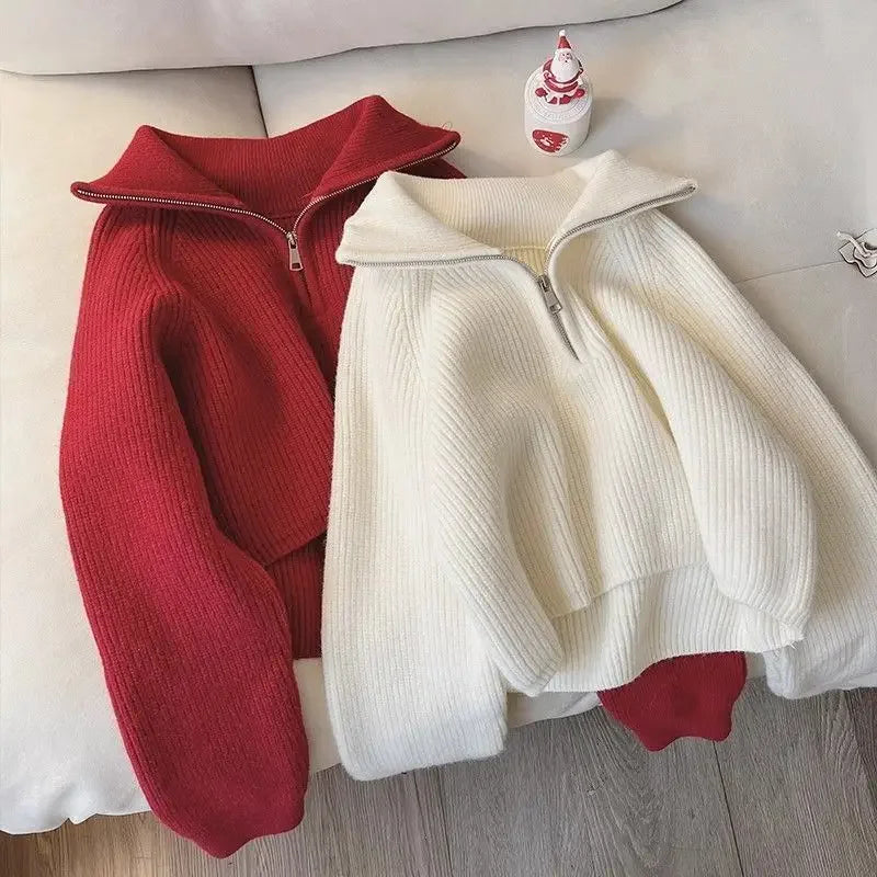 Half Zip Collar Sweater Women Pullovers Soft Knitted Long Sleeve Short Jumper Fall Winter Teen-girl Korean Fashion Outfit Ürün ana görseli