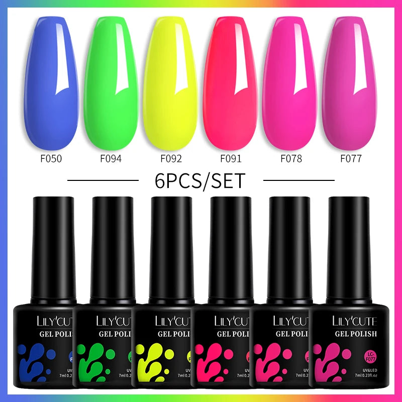 LILYCUTE 7ML 6PCS Neon Gel Nail Polish Set fluorescent Series Color Changing Semi Permanent Soak Off Manicure kit Nail Art Gel