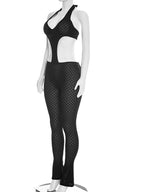 Beyprern Sexy Black Crochet Cut Out Jumpsuit Women Halter Backless See Through One Piece Romper High Waist Skinny Clubwear
