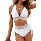 Sexy Deep V-Neck Bikini Swimsuit Set Women 2026 Summer Beach with Chest Cushion Swimwear High Waist Drawstring Triangle Bikini