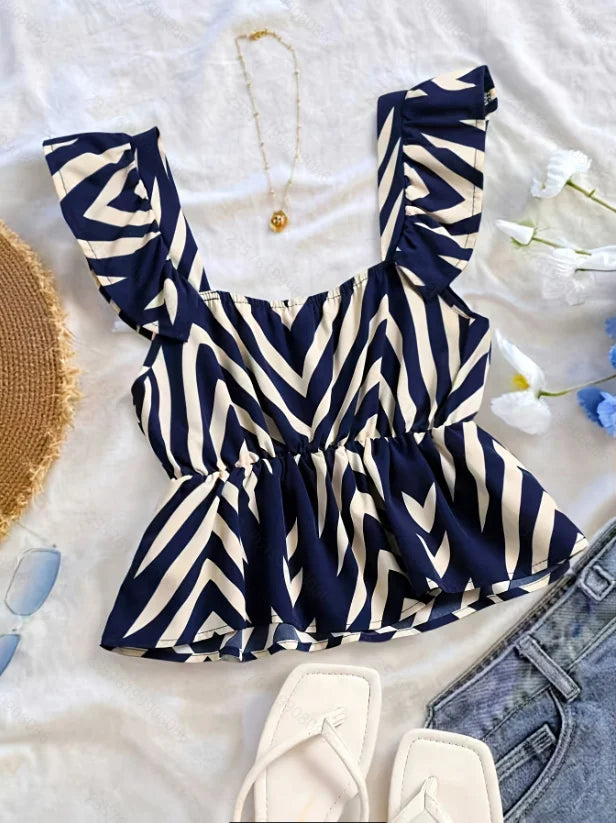 Blouses Shirts Square Collar Striped Women Blouse Shirt Fashion Summer Sleeveless Blouse Shirt Women Tops Camisas De Mujer Q3996