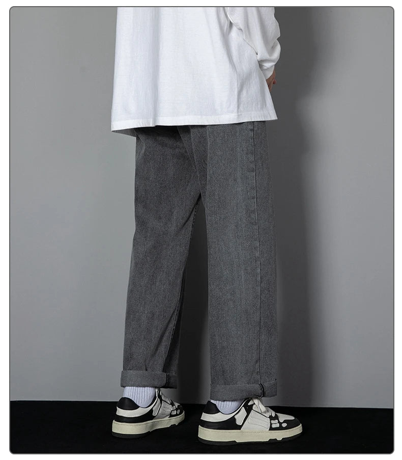 2026 New Korean Men's Casual Long Jeans Classic Man Straight Denim Wide-leg Pants Solid Color Light Blue Grey Black